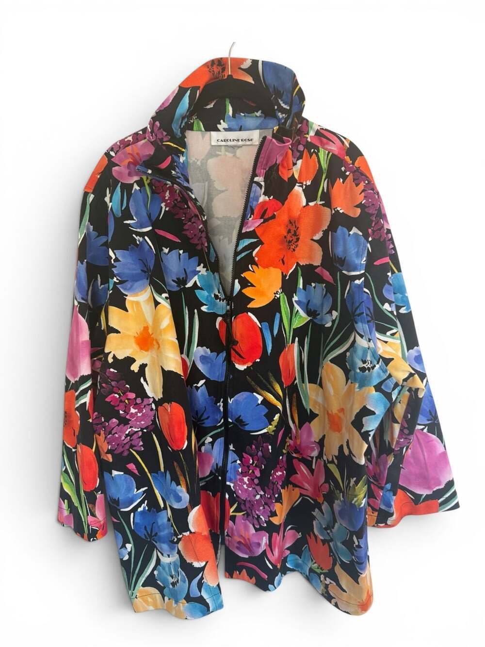 Caroline Rose Watercolor Floral Zip Jacket Black Multicolor Tulip Print XL/1X